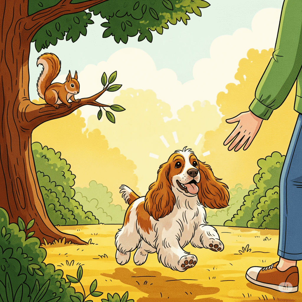 An illustration showing the goal of cocker spaniel recall training: a happy dog ignoring a squirrel and choosing to run back to its owner in the park.