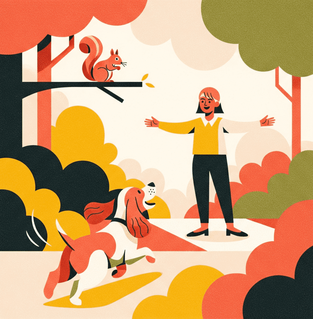 An illustration showing the goal of cocker spaniel recall training: a happy dog ignoring a squirrel and choosing to run back to its owner in the park.