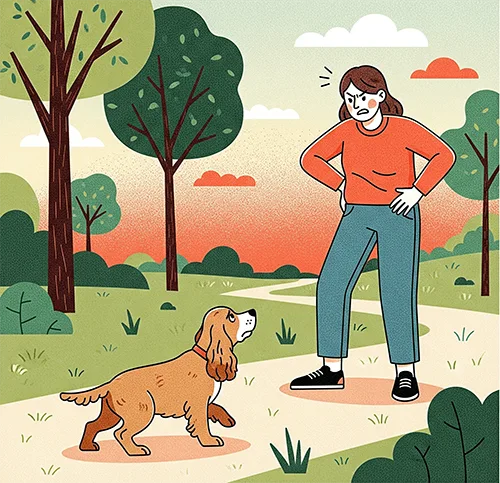 An illustration of a dog returning to owner who is angry at the lack of cocker spaniel recall training.