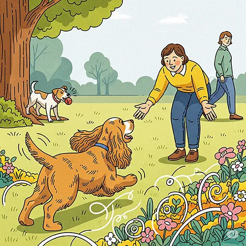 An illustration of a cocker spaniel ignoring owners recall words in park