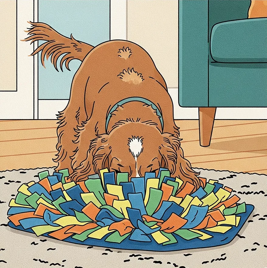 An illustration of a cocker spaniel using one of the best snuffle mats for spaniels, foraging for treats with its nose deep in the colorful fleece strips.