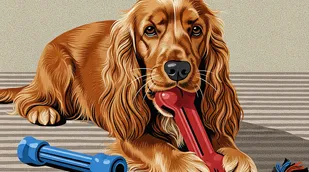 A happy working cocker spaniel lying on a rug, intensely focused on chewing an indestructible red KONG, one of the best chew toys for dogs.