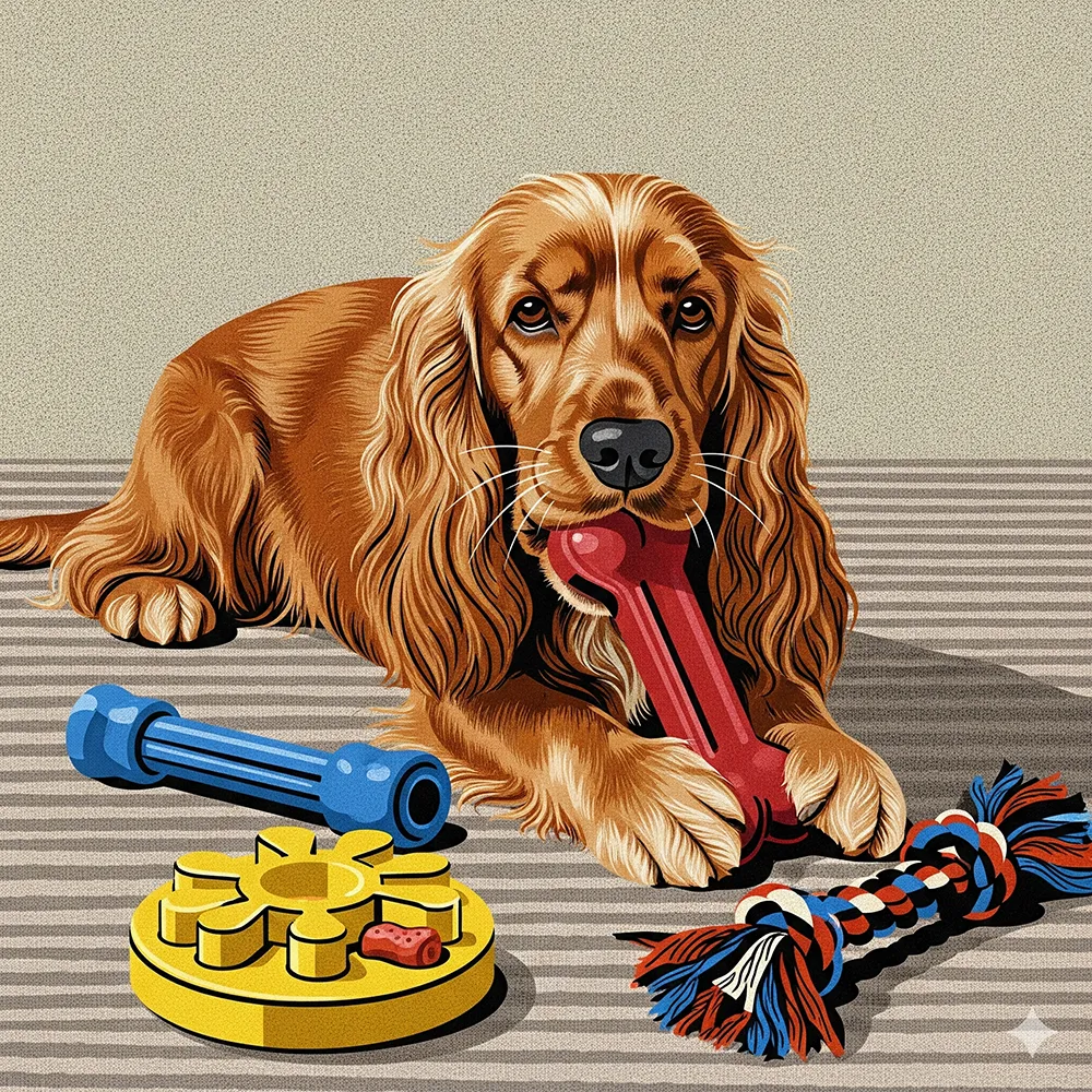 A happy working cocker spaniel lying on a rug, intensely focused on chewing an indestructible red KONG, one of the best chew toys for dogs.