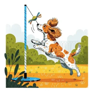 cocker spaniel playing with a flirt pole, one of the games for energetic dogs