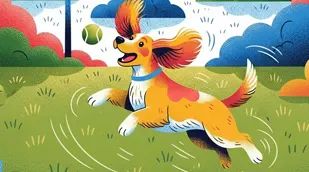 Joyful spaniel chasing a tennis ball