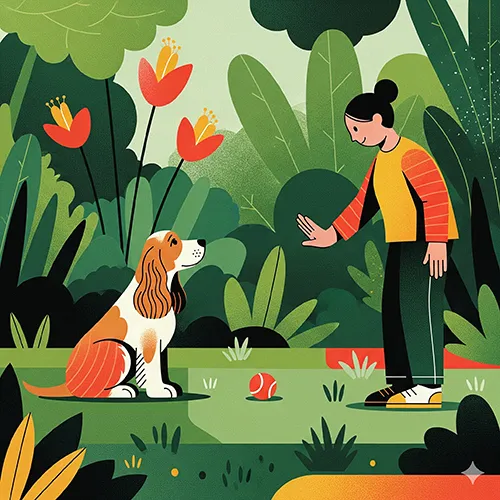 Cocker spaniel sitting waiting to play a chase game for energetic dogs