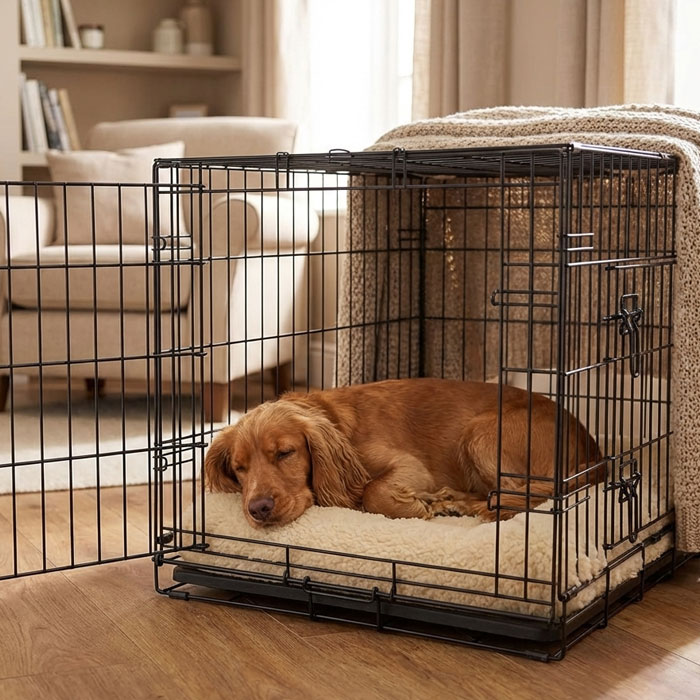 working cocker spaniel sleeping inside a dog crate foldable dog crate