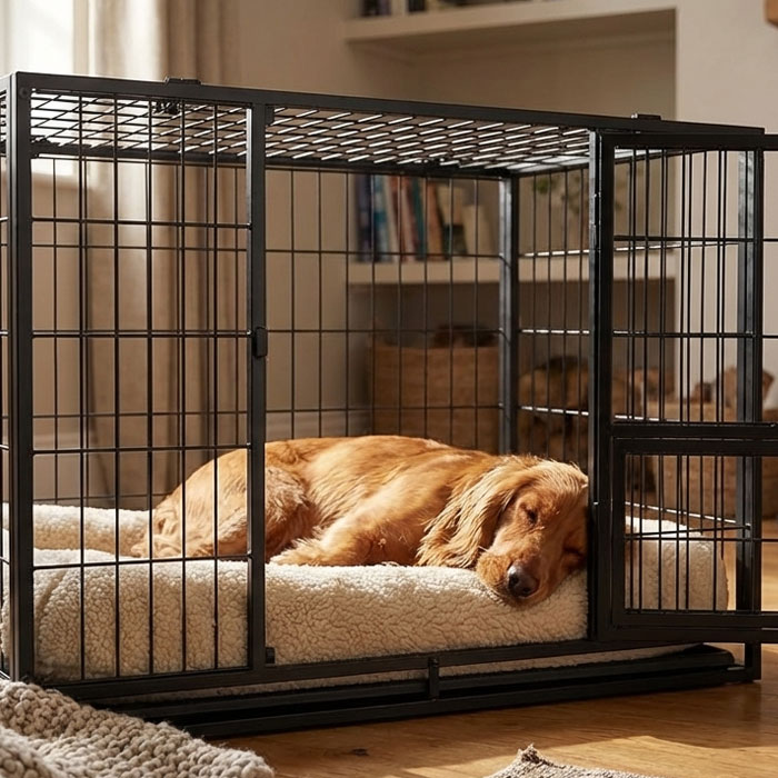 working cocker spaniel sleeping inside a feandrea dog crate
