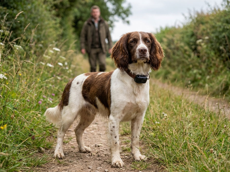 Working Cocker Spaniel wearing a gps tracker