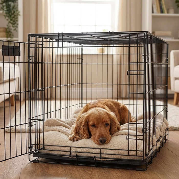 Working cocker spaniel sleeping inside a Midwest home for pets dog crate one of the best crate for working cocker spaniel