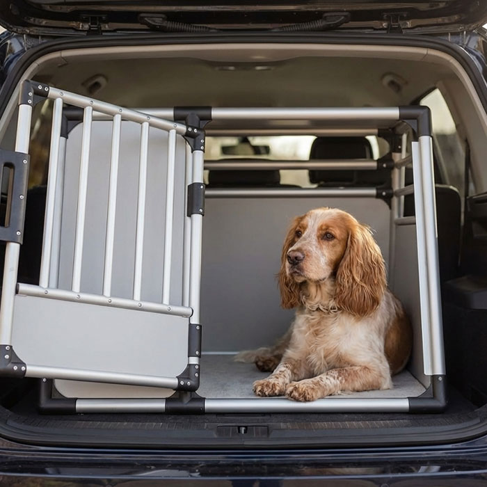 Cocker spaniel sat in a dog crate for car travel in the uk